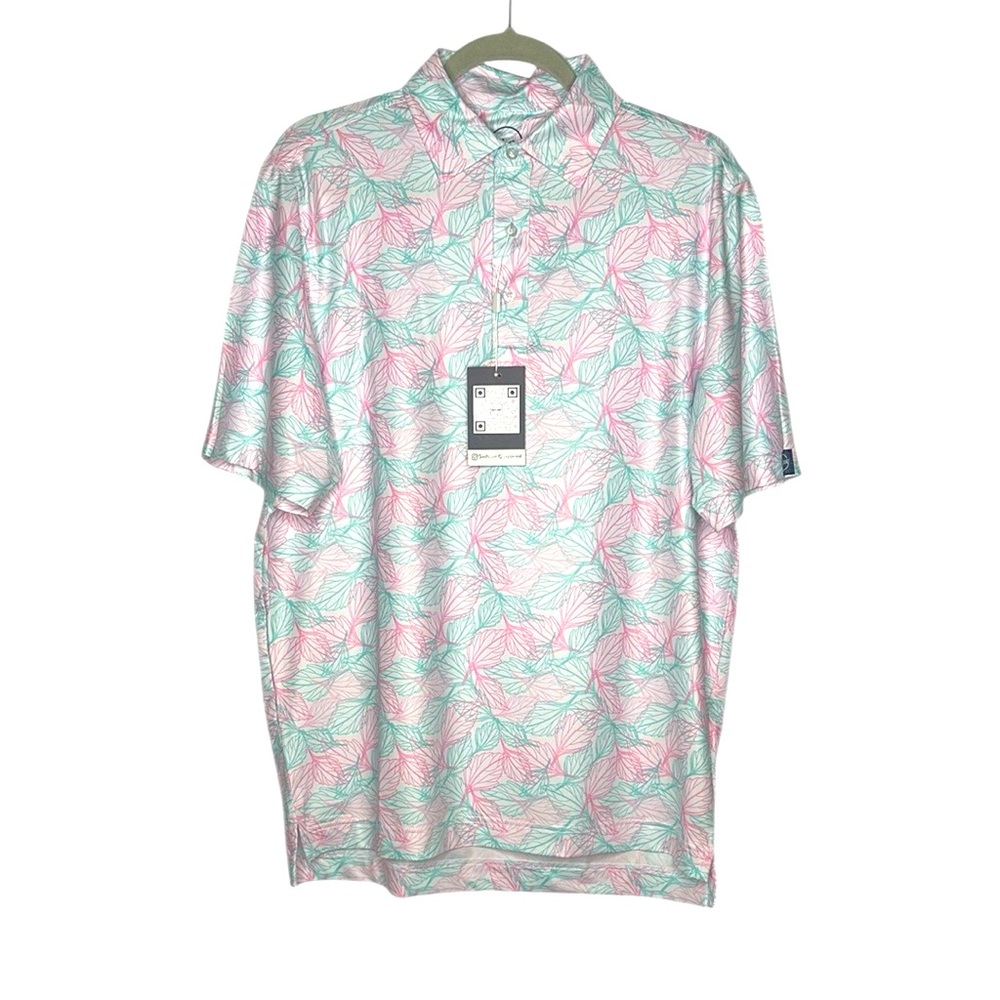 Jack Golf Men's Pink and Green Leaf Pattern Golf Polo Shirt Medium